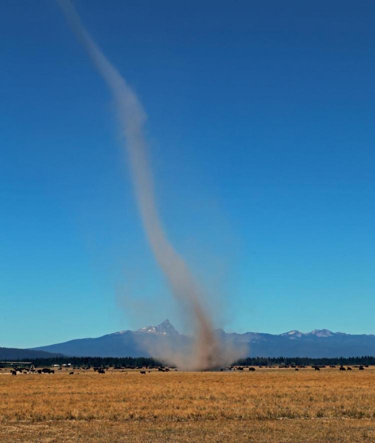 Dust devil in the forefront of Mount Thielsen, Oregon. 