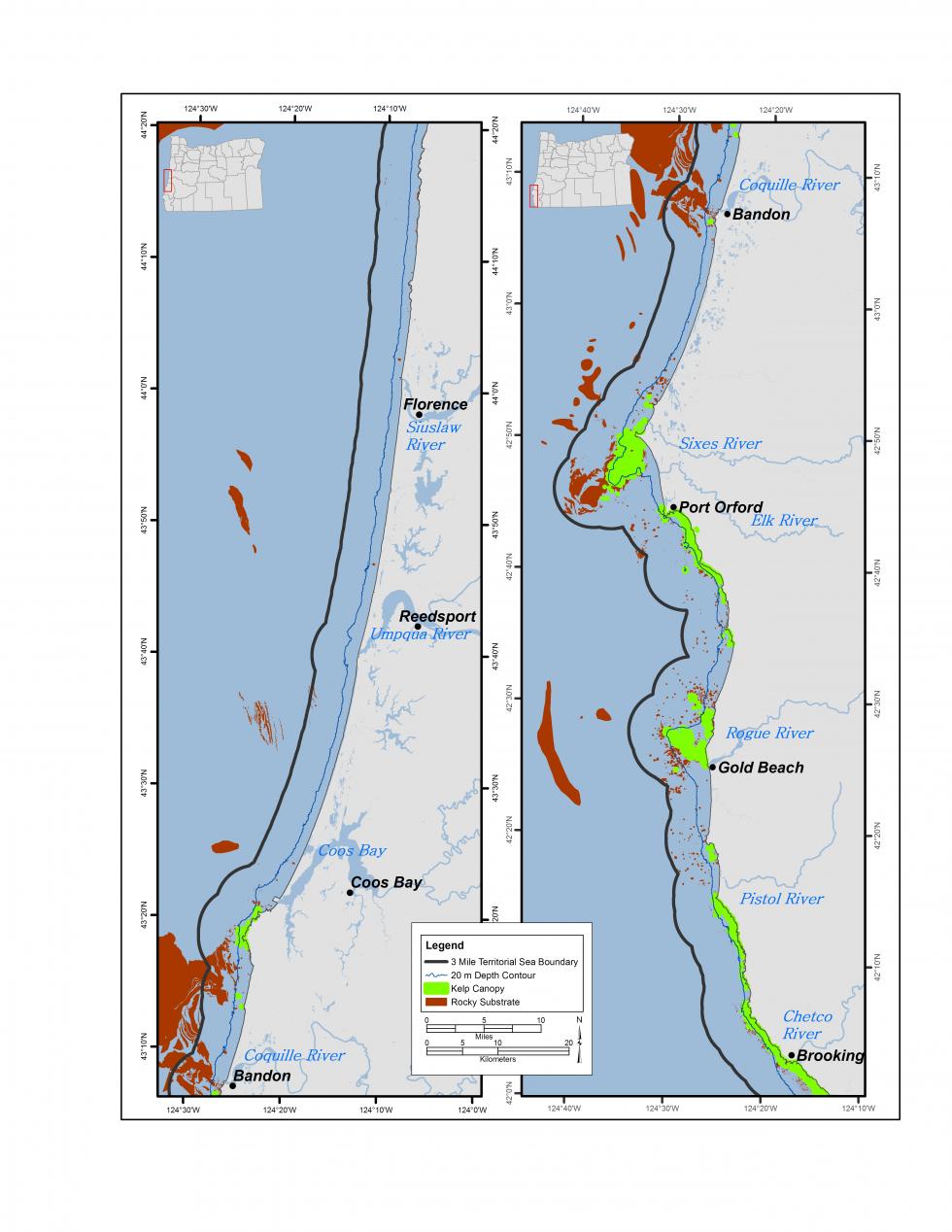  Étendue maximale des lits de varech sur la côte sud de l'Oregon 