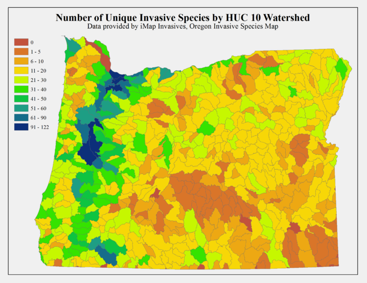 Number of unique invasive spacies by HUC 10 watershed, data provided by iMapInvasives, Oregon Invasive Species Map