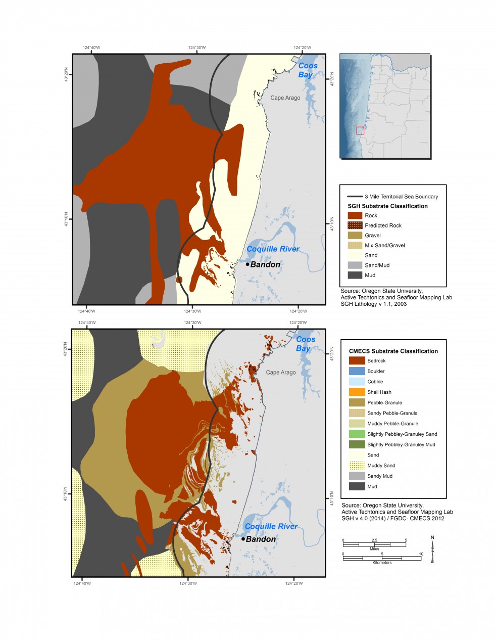 Detalle de los mapas de subtratos inferiores del Cabo Arago disponibles en 2005 y 2015